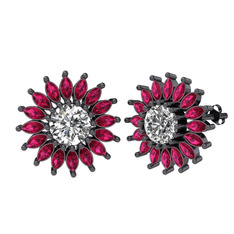 Taşlı Papatya Küpe - Beyaz zirkon ve rodolit garnet 925 ayar siyah rodyum kaplama gümüş küpe #p1fbz4