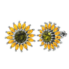 Taşlı Papatya Küpe - Peridot ve sitrin 14 ayar beyaz altın küpe #q1b6xv