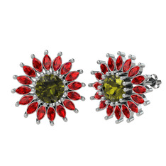 Taşlı Papatya Küpe - Peridot ve garnet 8 ayar beyaz altın küpe #q4k8je