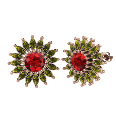 Taşlı Papatya Küpe - Garnet ve peridot 14 ayar rose altın küpe #rj9tf0
