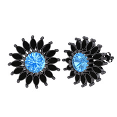 Taşlı Papatya Küpe - Akuamarin ve siyah zirkon 925 ayar siyah rodyum kaplama gümüş küpe #rt1xxy