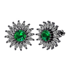 Taşlı Papatya Küpe - Yeşil kuvars ve swarovski 925 ayar siyah rodyum kaplama gümüş küpe #s31dns