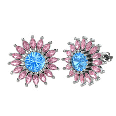 Taşlı Papatya Küpe - Akuamarin ve pembe kuvars 18 ayar beyaz altın küpe #s8bvb2