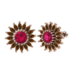 Rodolit garnet ve dumanlı kuvars 8 ayar rose altın küpe