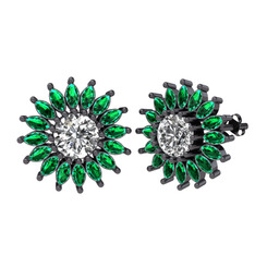 Taşlı Papatya Küpe - Beyaz zirkon ve yeşil kuvars 925 ayar siyah rodyum kaplama gümüş küpe #tc1i3v