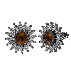 Taşlı Papatya Küpe - Dumanlı kuvars ve swarovski 925 ayar siyah rodyum kaplama gümüş küpe #ub7no5