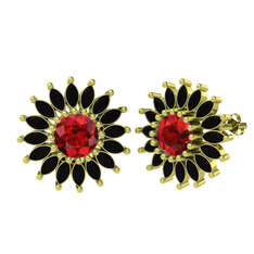 Taşlı Papatya Küpe - Garnet ve siyah zirkon 8 ayar altın küpe #v4vsmc