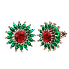 Taşlı Papatya Küpe - Garnet ve yeşil kuvars 18 ayar rose altın küpe #v5jpit