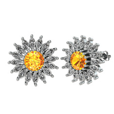 Taşlı Papatya Küpe - Sitrin ve swarovski 14 ayar beyaz altın küpe #w31g9e