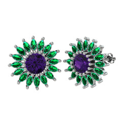 Taşlı Papatya Küpe - Ametist ve yeşil kuvars 925 ayar gümüş küpe #w7as8i