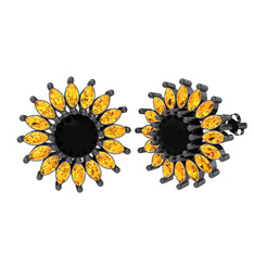 Taşlı Papatya Küpe - Siyah zirkon ve sitrin 925 ayar siyah rodyum kaplama gümüş küpe #x20vm9