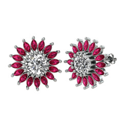 Taşlı Papatya Küpe - Swarovski ve rodolit garnet 14 ayar beyaz altın küpe #xi8ktr