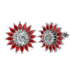 Taşlı Papatya Küpe - Beyaz zirkon ve garnet 18 ayar beyaz altın küpe #xnmtve