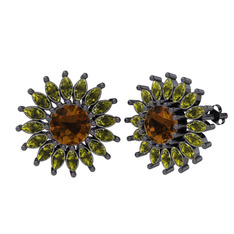 Taşlı Papatya Küpe - Dumanlı kuvars ve peridot 925 ayar siyah rodyum kaplama gümüş küpe #y1eoks