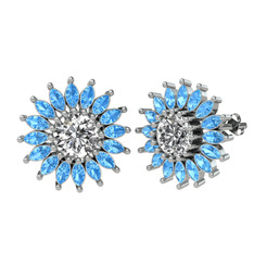 Taşlı Papatya Küpe - Beyaz zirkon ve akuamarin 8 ayar beyaz altın küpe #ys71fe