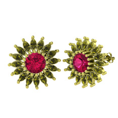 Taşlı Papatya Küpe - Rodolit garnet ve peridot 18 ayar altın küpe #zam92b