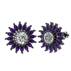 Taşlı Papatya Küpe - Swarovski ve ametist 925 ayar siyah rodyum kaplama gümüş küpe #zbsy3r