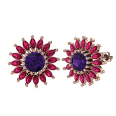 Taşlı Papatya Küpe - Ametist ve rodolit garnet 14 ayar rose altın küpe #zgmkdk