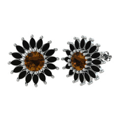 Taşlı Papatya Küpe - Dumanlı kuvars ve siyah zirkon 14 ayar beyaz altın küpe #zq7qdt