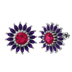 Taşlı Papatya Küpe - Rodolit garnet ve ametist 18 ayar beyaz altın küpe #zq8zhy