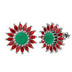 Taşlı Papatya Küpe - Kök zümrüt ve garnet 18 ayar beyaz altın küpe #zshhvt