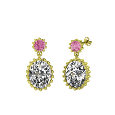 Pembe kuvars ve swarovski 8 ayar altın küpe