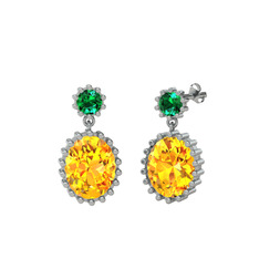 Yeşil kuvars ve sitrin 8 ayar beyaz altın küpe