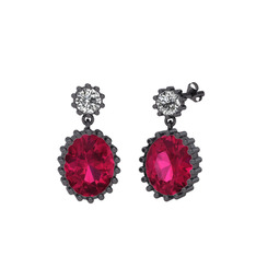 Beyaz zirkon ve rodolit garnet 925 ayar siyah rodyum kaplama gümüş küpe