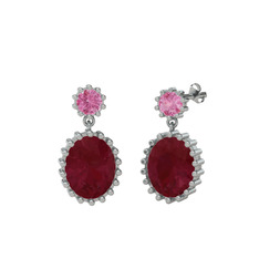 Pembe kuvars ve kök yakut 8 ayar beyaz altın küpe