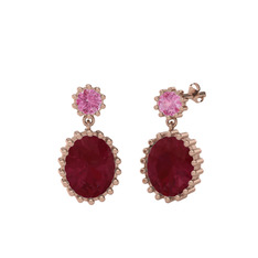 Pembe kuvars ve kök yakut 14 ayar rose altın küpe