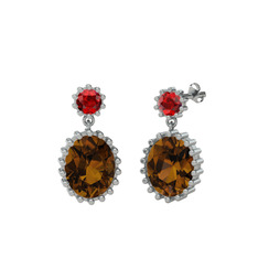 Garnet ve dumanlı kuvars 8 ayar beyaz altın küpe
