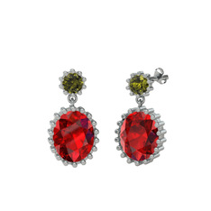 Peridot ve garnet 14 ayar beyaz altın küpe