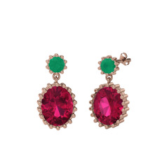 Kök zümrüt ve rodolit garnet 18 ayar rose altın küpe
