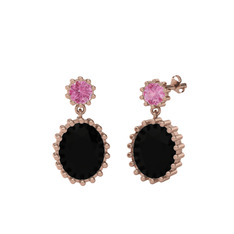 Pembe kuvars ve siyah zirkon 14 ayar rose altın küpe