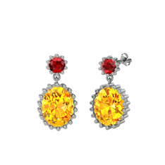 Garnet ve sitrin 8 ayar beyaz altın küpe