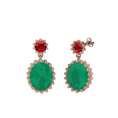 Garnet ve kök zümrüt 8 ayar rose altın küpe