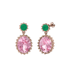 Kök zümrüt ve pembe kuvars 14 ayar rose altın küpe