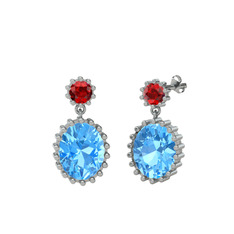 Garnet ve akuamarin 8 ayar beyaz altın küpe