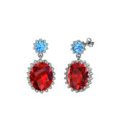 Akuamarin ve garnet 14 ayar beyaz altın küpe