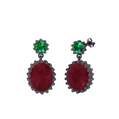 Fennel Küpe - Yeşil kuvars ve kök yakut 925 ayar siyah rodyum kaplama gümüş küpe #sr2fmw