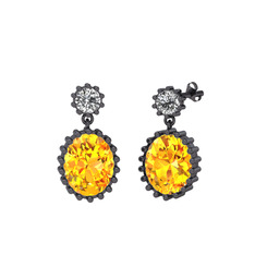 Beyaz zirkon ve sitrin 925 ayar siyah rodyum kaplama gümüş küpe