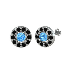 Minimal İris Küpe - Akuamarin ve siyah zirkon 14 ayar beyaz altın küpe #1027jhp