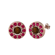 Dumanlı kuvars ve rodolit garnet 14 ayar rose altın küpe