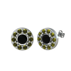 Minimal İris Küpe - Siyah zirkon ve peridot 14 ayar beyaz altın küpe #15cn1l4