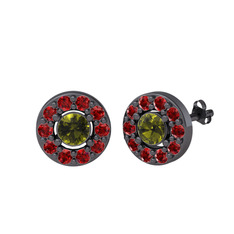 Peridot ve garnet 925 ayar siyah rodyum kaplama gümüş küpe