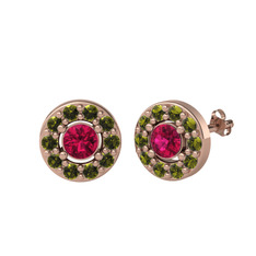 Minimal İris Küpe - Rodolit garnet ve peridot 14 ayar rose altın küpe #1f1hk01