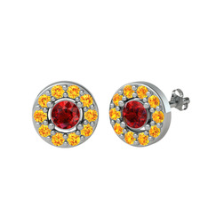 Garnet ve sitrin 8 ayar beyaz altın küpe