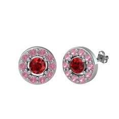 Garnet ve pembe kuvars 14 ayar beyaz altın küpe