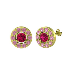 Rodolit garnet ve pembe kuvars 18 ayar altın küpe