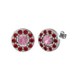 Minimal İris Küpe - Pembe kuvars ve garnet 18 ayar beyaz altın küpe #1ibeev6